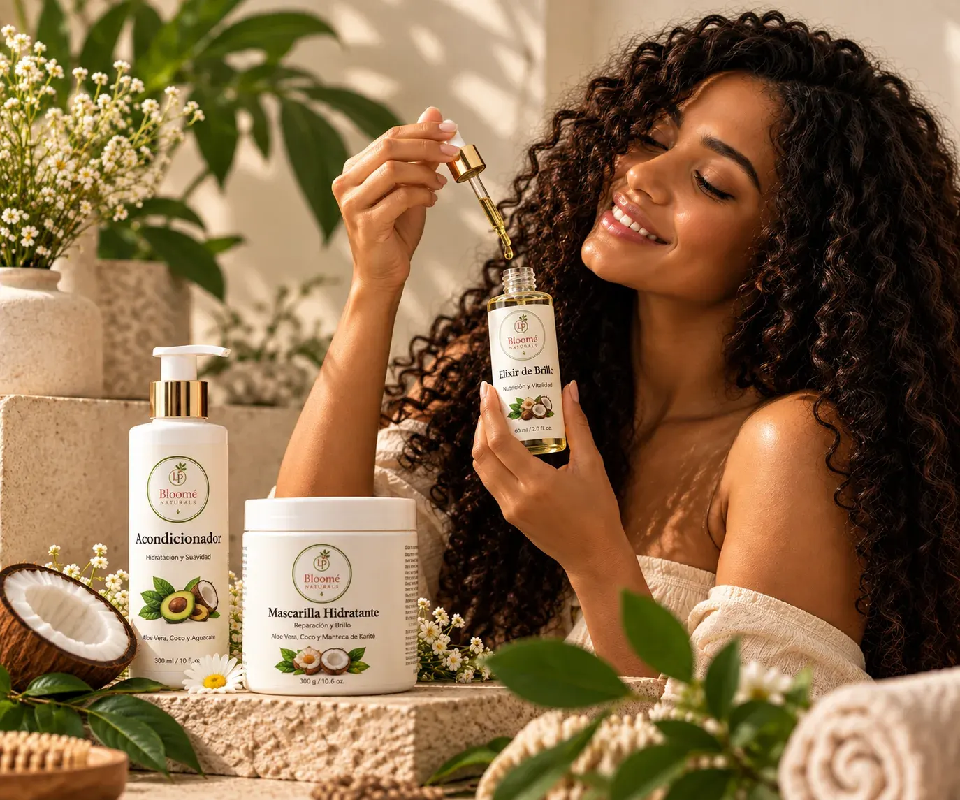 Modelo sonriendo mientras aplica el Elixir de Brillo de Bloomé Naturals
