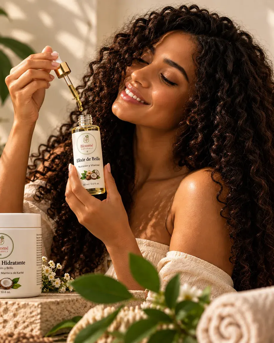 Modelo sonriendo mientras aplica el Elixir de Brillo de Bloomé Naturals