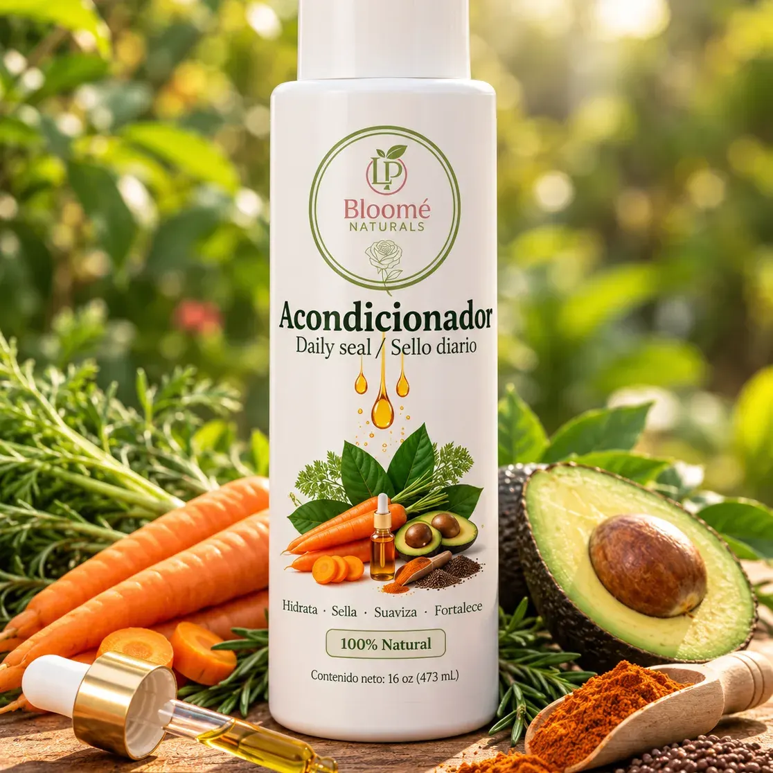 Acondicionador de Bloomé Naturals sobre fondo neutro