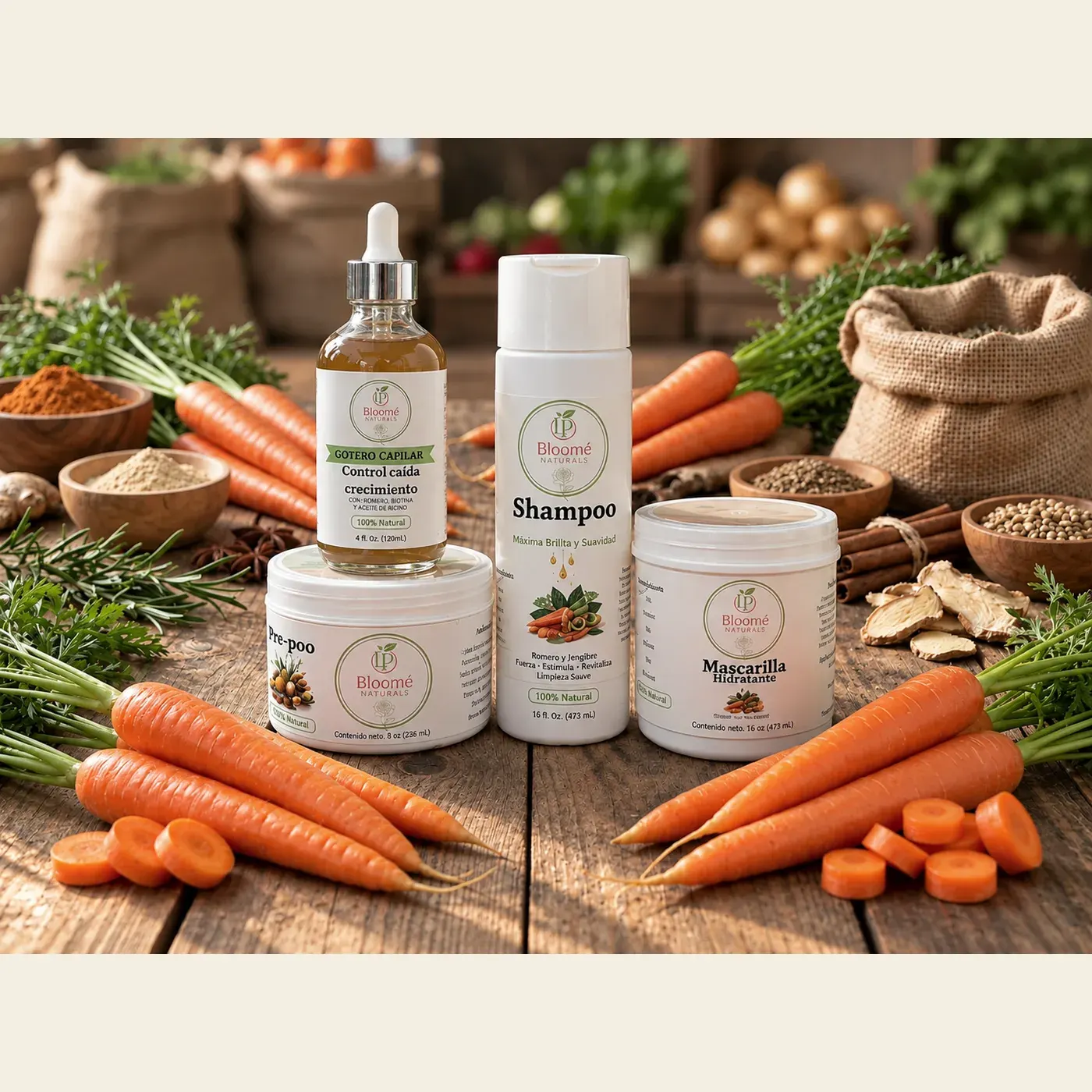Combo 4 pasos — Cuidado esencial de Bloomé Naturals sobre fondo neutro
