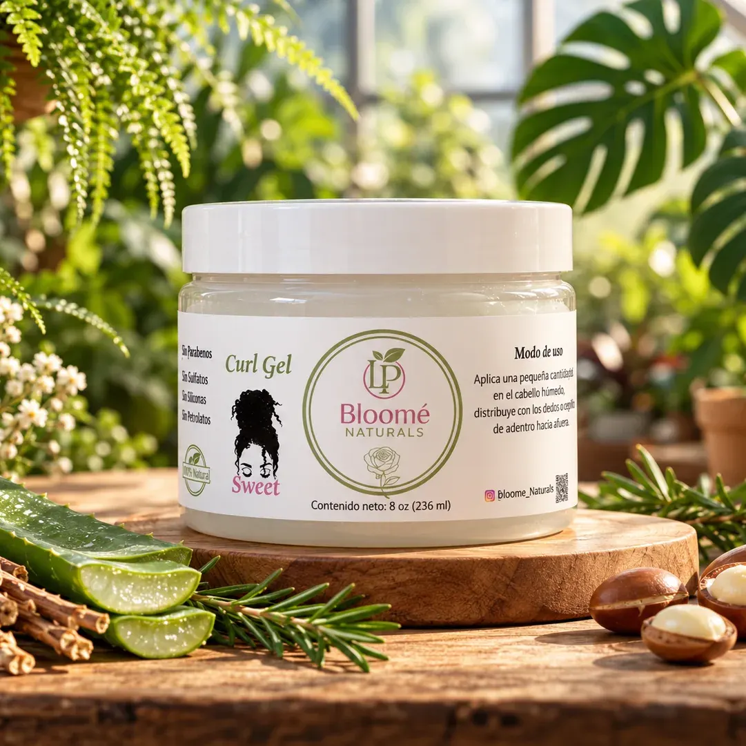 Curl Gel Sweet de Bloomé Naturals sobre fondo neutro