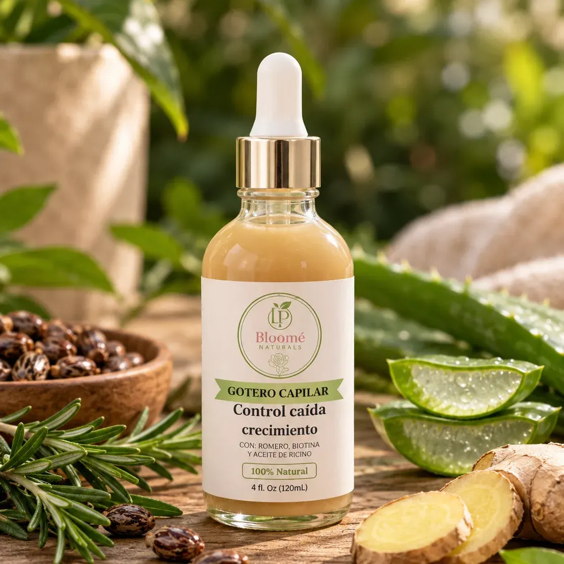 Gotero de Crecimiento Intensivo de Bloomé Naturals sobre fondo neutro