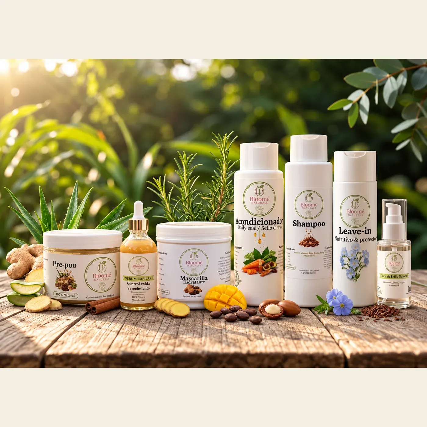 Kit completo de 7 pasos de Bloomé Naturals sobre fondo neutro