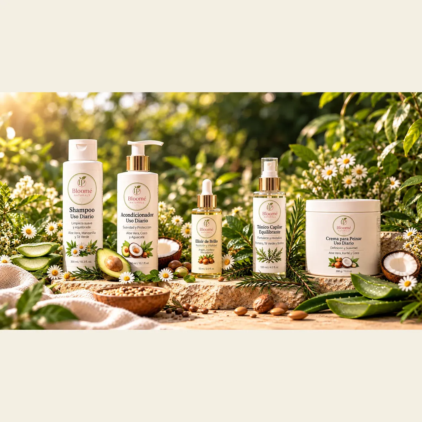 Línea de 5 pasos de Bloomé Naturals sobre fondo neutro