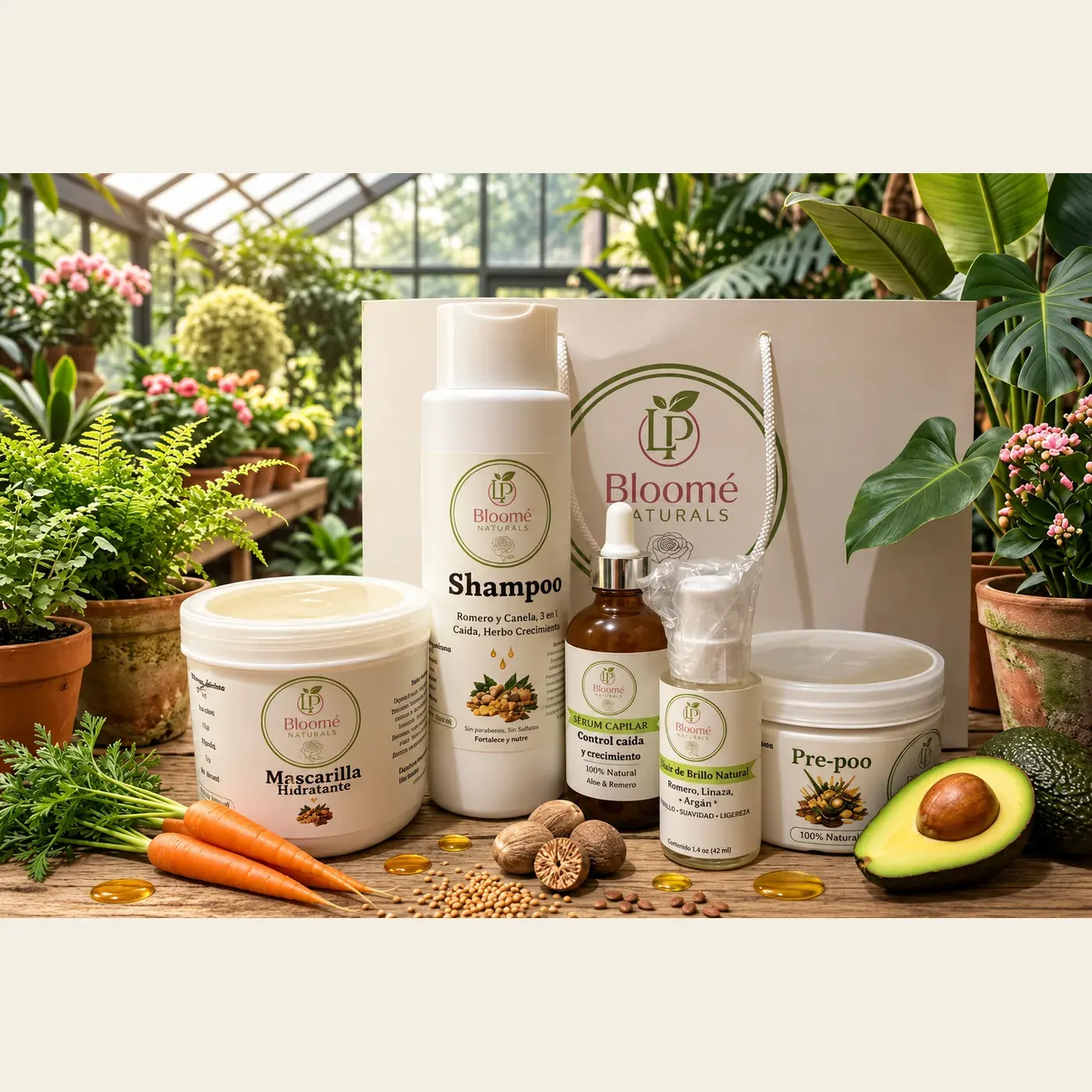 Línea de 5 pasos de Bloomé Naturals sobre fondo neutro