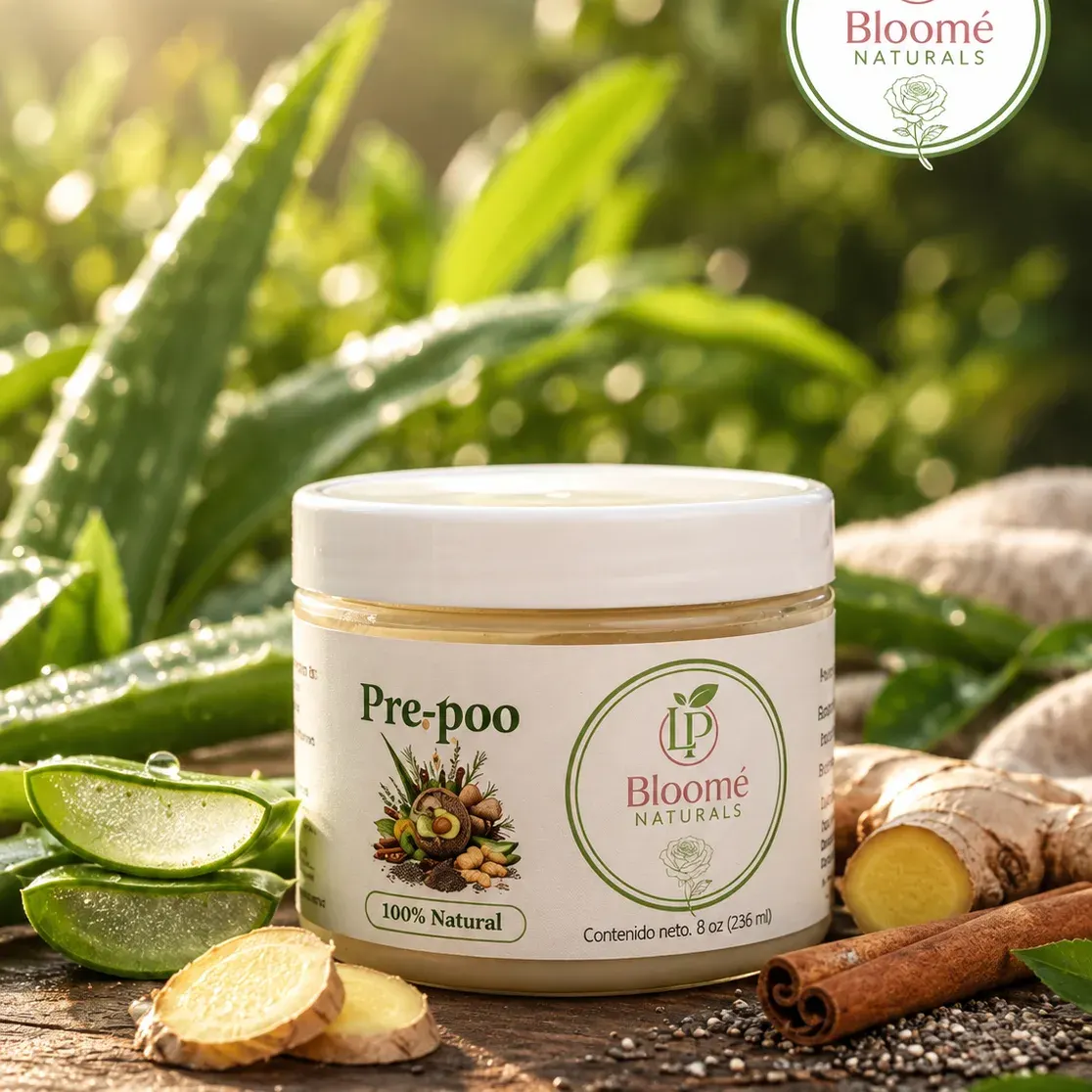 Pre-poo capilar de Bloomé Naturals sobre fondo neutro