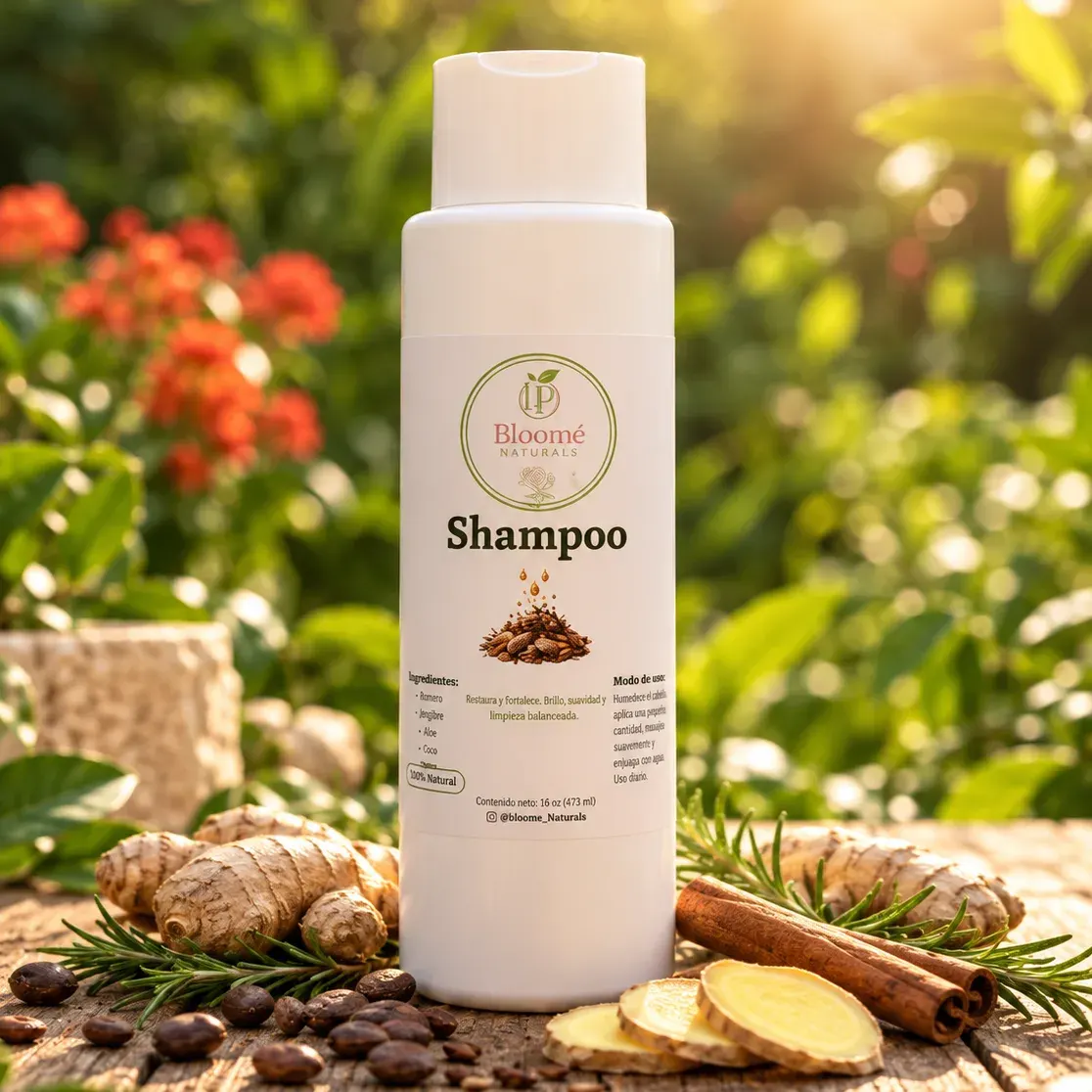Shampoo Estimulante Jengibre y Canela de Bloomé Naturals sobre fondo neutro