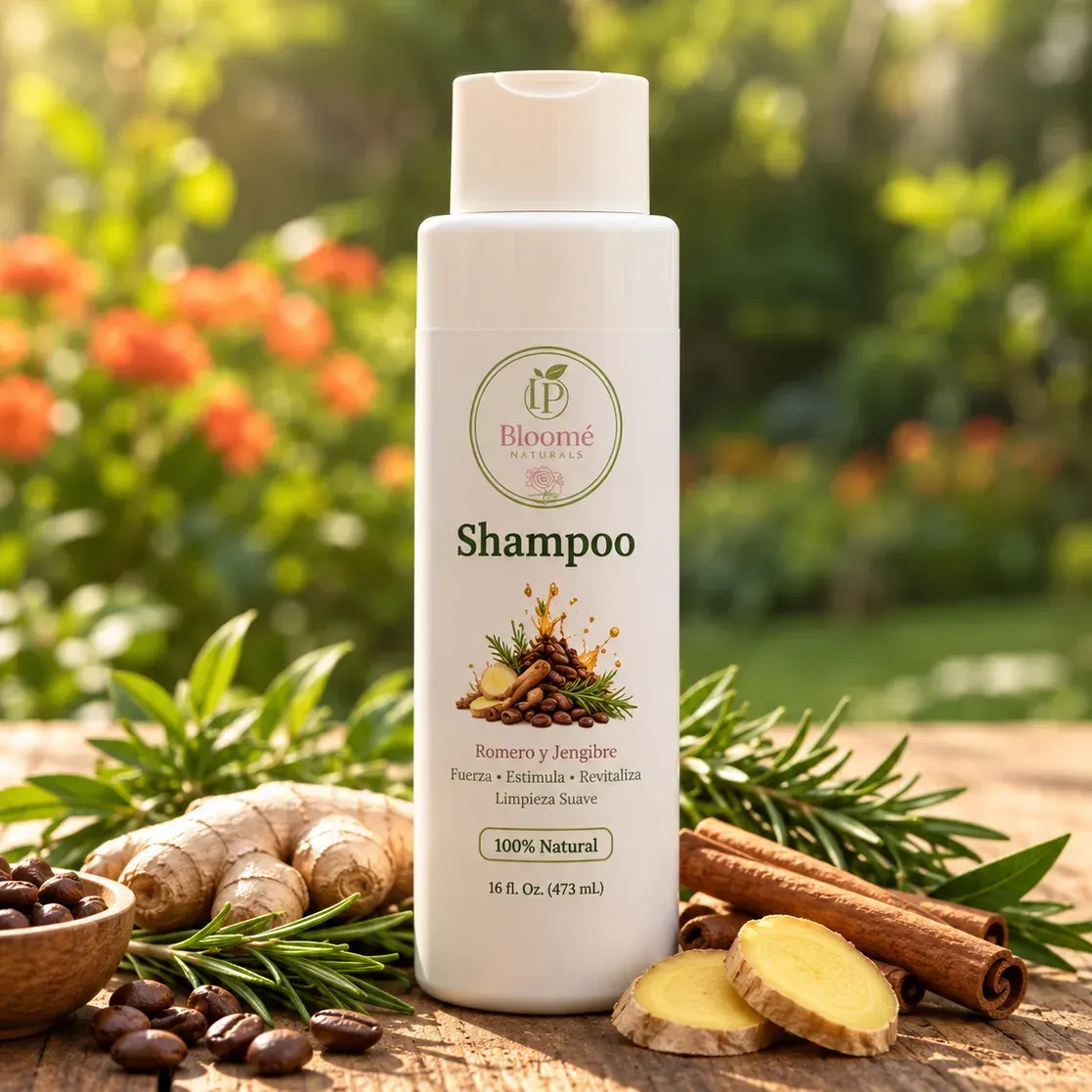 Shampoo Estimulante Jengibre y Canela de Bloomé Naturals sobre fondo neutro
